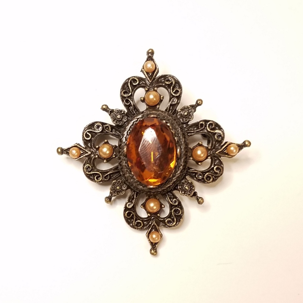 Vintage Orange Stone Bronze Color Cross Brooch